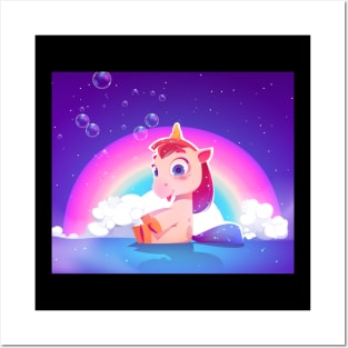 Cartoon cute unicorn with raibow Posters and Art